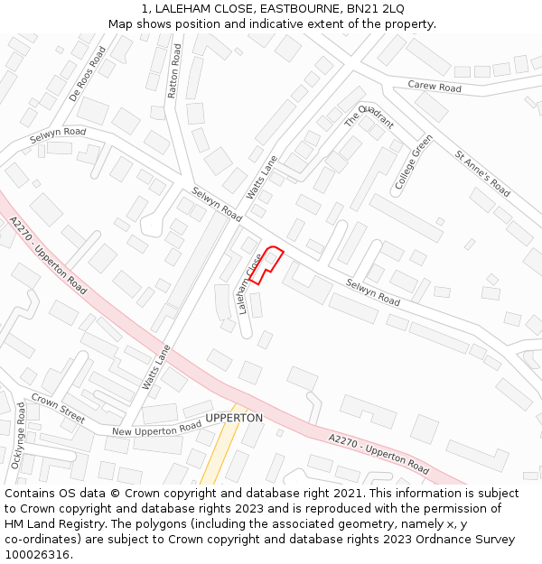 1, LALEHAM CLOSE, EASTBOURNE, BN21 2LQ: Location map and indicative extent of plot