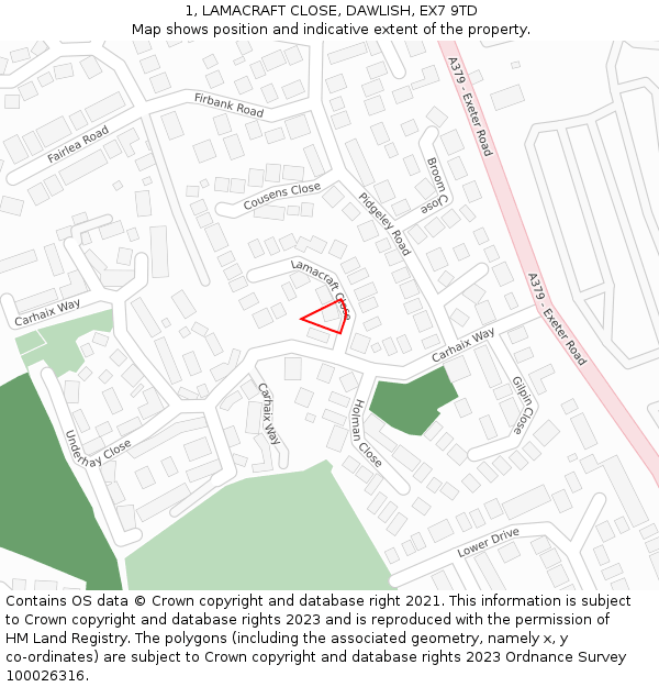 1, LAMACRAFT CLOSE, DAWLISH, EX7 9TD: Location map and indicative extent of plot
