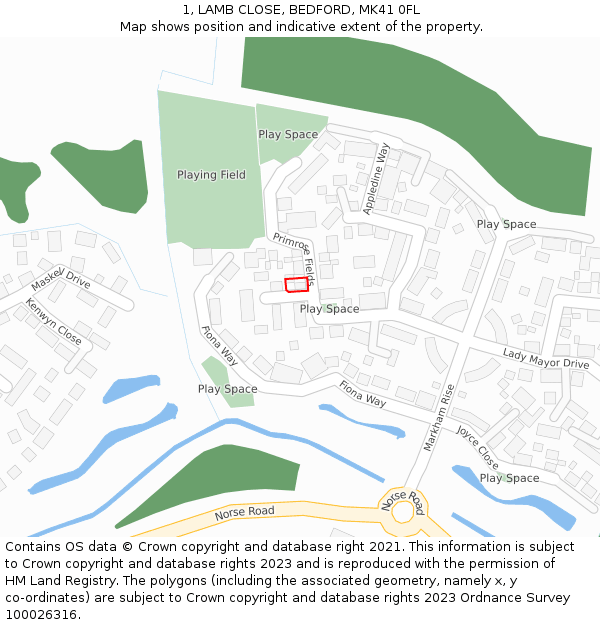 1, LAMB CLOSE, BEDFORD, MK41 0FL: Location map and indicative extent of plot
