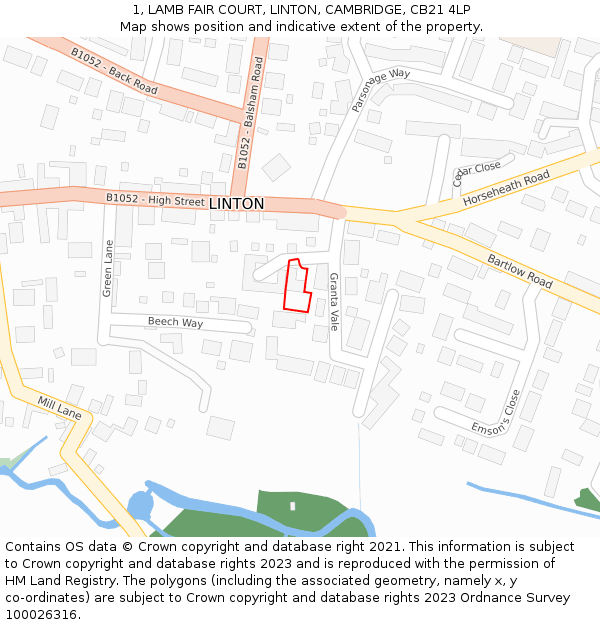 1, LAMB FAIR COURT, LINTON, CAMBRIDGE, CB21 4LP: Location map and indicative extent of plot
