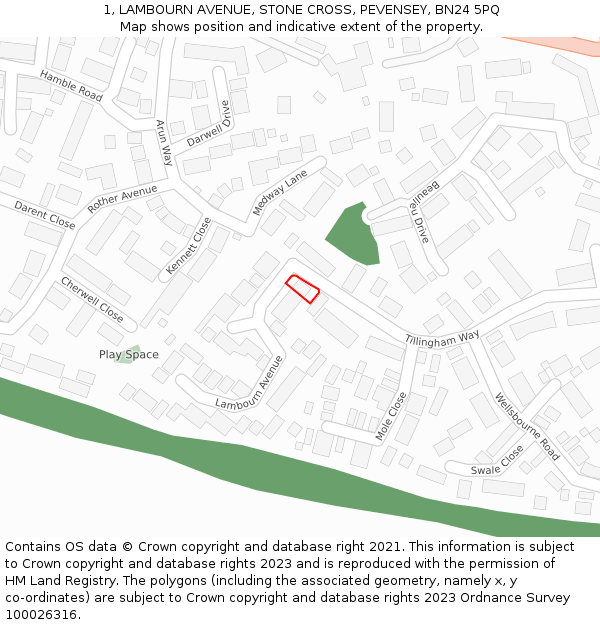 1, LAMBOURN AVENUE, STONE CROSS, PEVENSEY, BN24 5PQ: Location map and indicative extent of plot