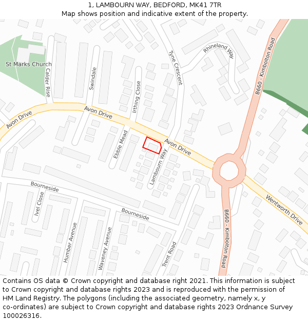 1, LAMBOURN WAY, BEDFORD, MK41 7TR: Location map and indicative extent of plot