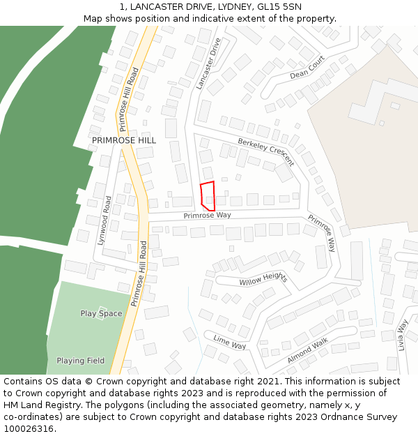 1, LANCASTER DRIVE, LYDNEY, GL15 5SN: Location map and indicative extent of plot