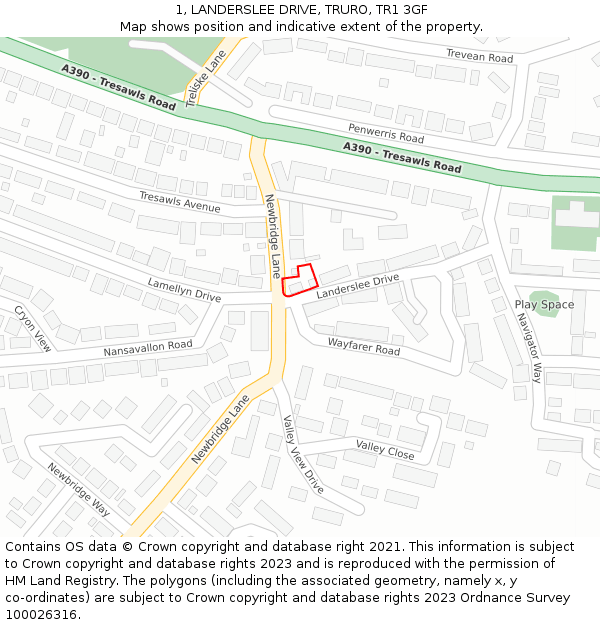1, LANDERSLEE DRIVE, TRURO, TR1 3GF: Location map and indicative extent of plot