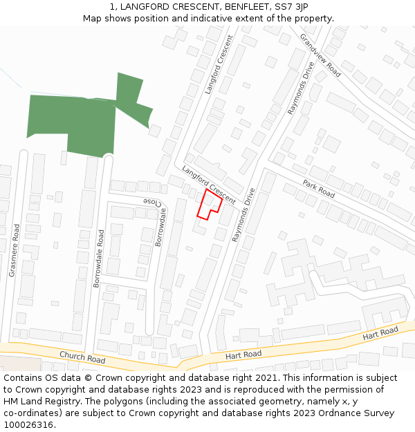 1, LANGFORD CRESCENT, BENFLEET, SS7 3JP: Location map and indicative extent of plot
