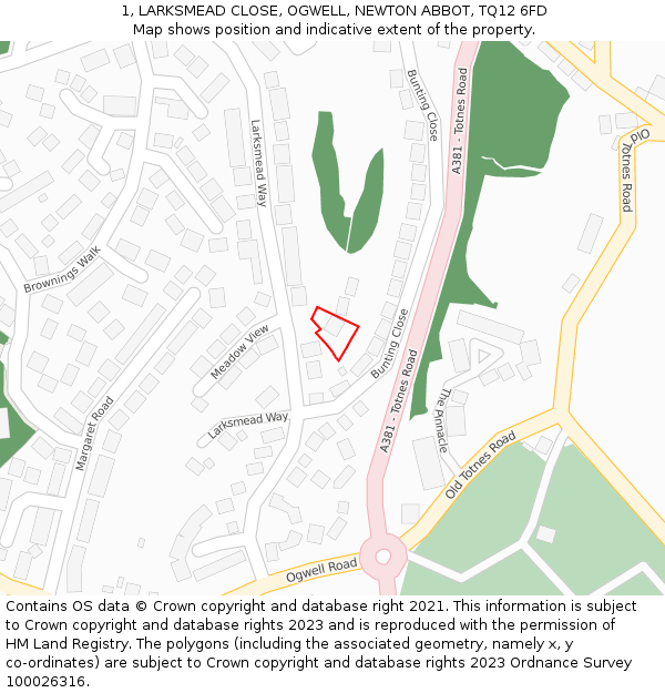 1, LARKSMEAD CLOSE, OGWELL, NEWTON ABBOT, TQ12 6FD: Location map and indicative extent of plot