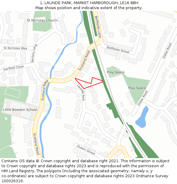 1, LAUNDE PARK, MARKET HARBOROUGH, LE16 8BH: Location map and indicative extent of plot