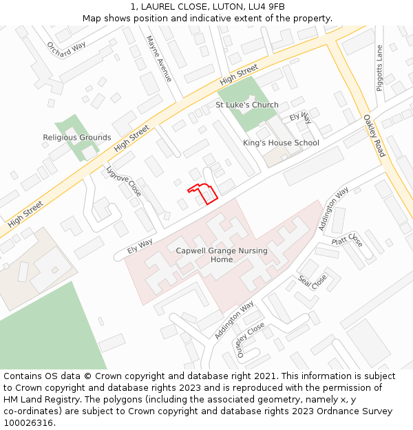 1, LAUREL CLOSE, LUTON, LU4 9FB: Location map and indicative extent of plot