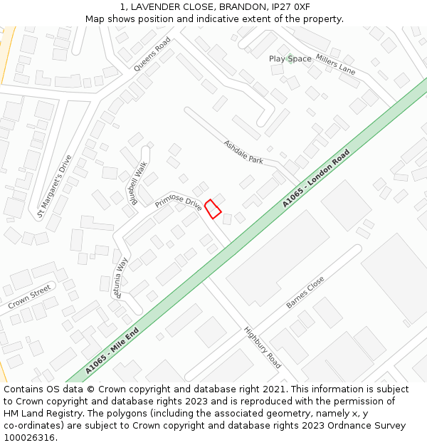 1, LAVENDER CLOSE, BRANDON, IP27 0XF: Location map and indicative extent of plot