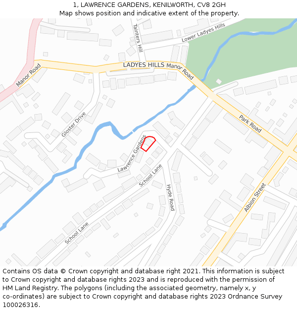 1, LAWRENCE GARDENS, KENILWORTH, CV8 2GH: Location map and indicative extent of plot