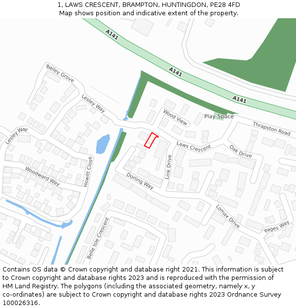 1, LAWS CRESCENT, BRAMPTON, HUNTINGDON, PE28 4FD: Location map and indicative extent of plot
