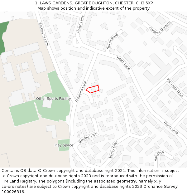 1, LAWS GARDENS, GREAT BOUGHTON, CHESTER, CH3 5XP: Location map and indicative extent of plot