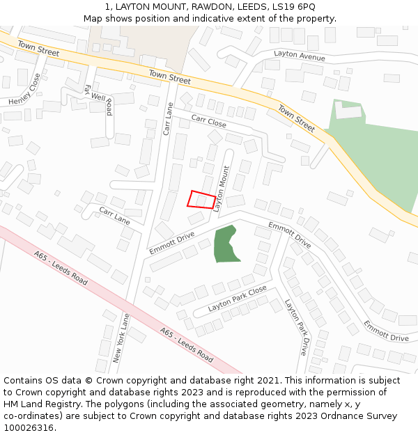 1, LAYTON MOUNT, RAWDON, LEEDS, LS19 6PQ: Location map and indicative extent of plot