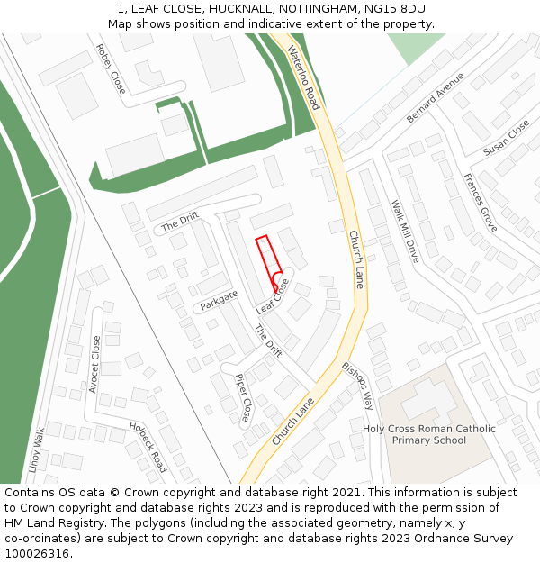 1, LEAF CLOSE, HUCKNALL, NOTTINGHAM, NG15 8DU: Location map and indicative extent of plot