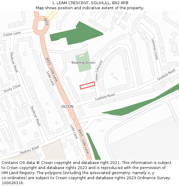 1, LEAM CRESCENT, SOLIHULL, B92 8PB: Location map and indicative extent of plot
