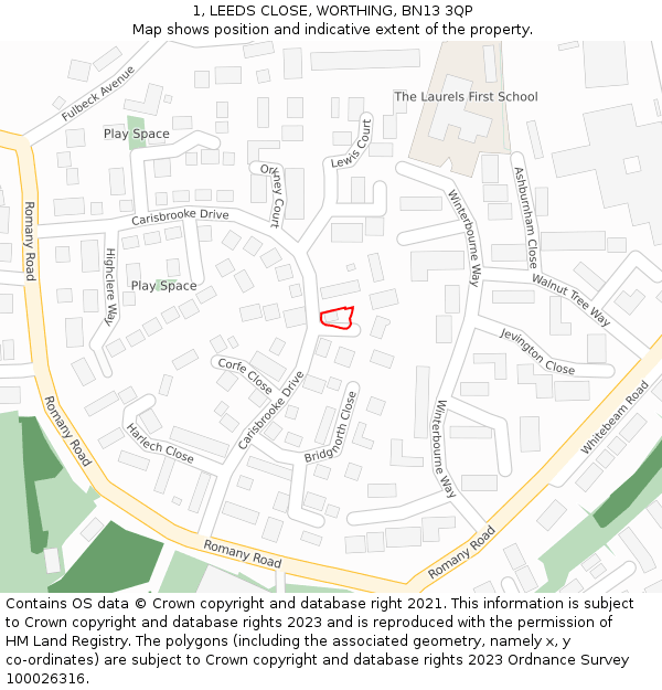1, LEEDS CLOSE, WORTHING, BN13 3QP: Location map and indicative extent of plot