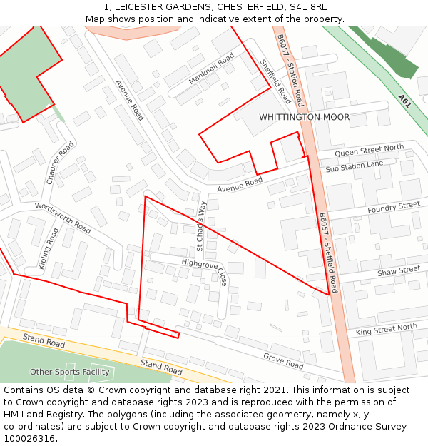 1, LEICESTER GARDENS, CHESTERFIELD, S41 8RL: Location map and indicative extent of plot