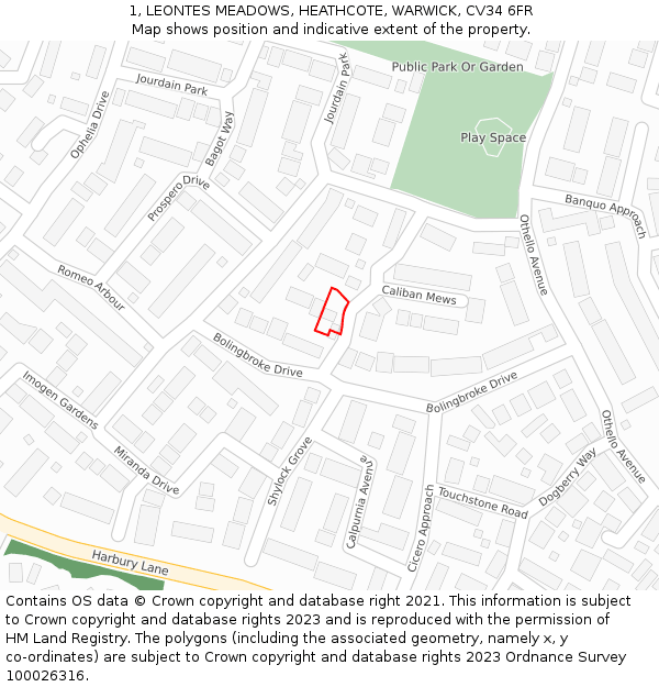 1, LEONTES MEADOWS, HEATHCOTE, WARWICK, CV34 6FR: Location map and indicative extent of plot