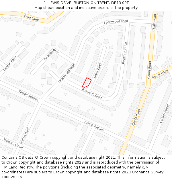 1, LEWIS DRIVE, BURTON-ON-TRENT, DE13 0PT: Location map and indicative extent of plot