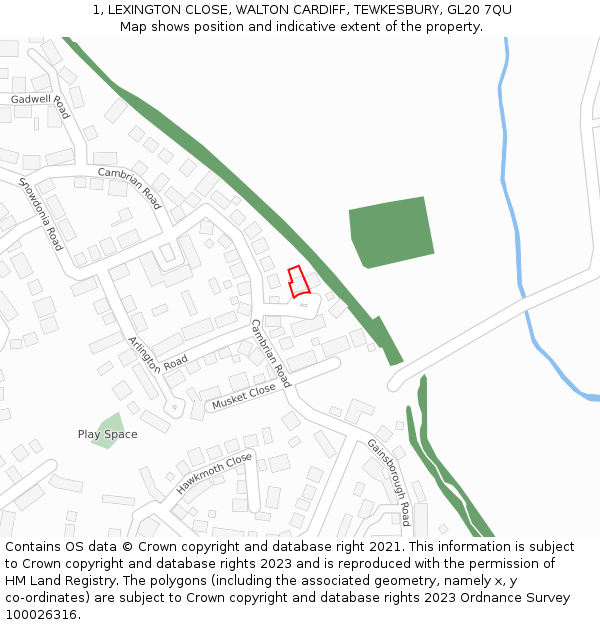 1, LEXINGTON CLOSE, WALTON CARDIFF, TEWKESBURY, GL20 7QU: Location map and indicative extent of plot