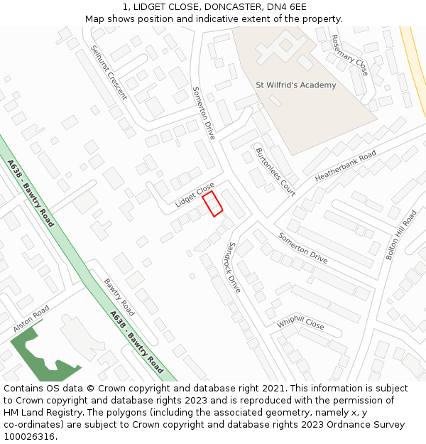 1, LIDGET CLOSE, DONCASTER, DN4 6EE: Location map and indicative extent of plot