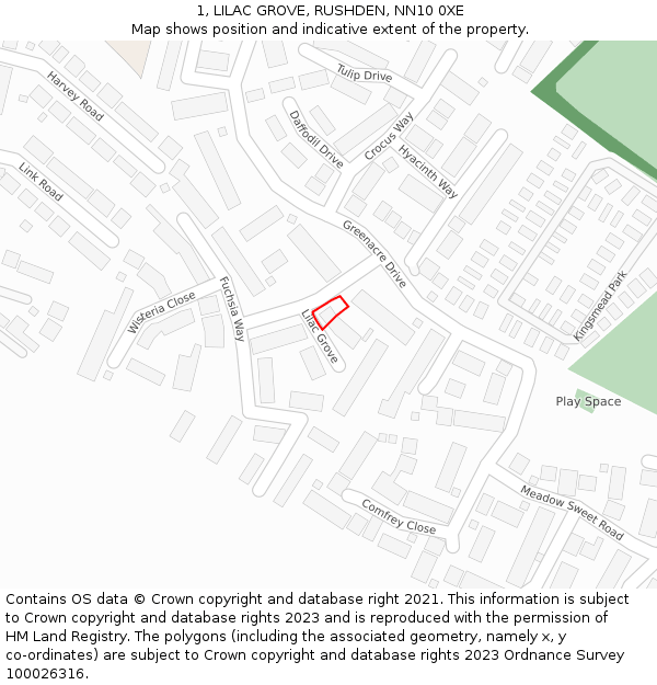 1, LILAC GROVE, RUSHDEN, NN10 0XE: Location map and indicative extent of plot