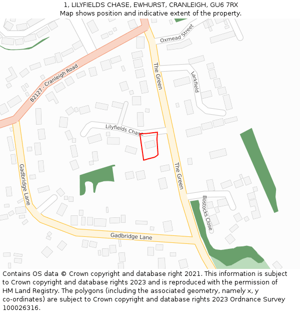 1, LILYFIELDS CHASE, EWHURST, CRANLEIGH, GU6 7RX: Location map and indicative extent of plot