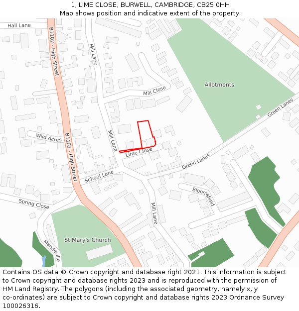 1, LIME CLOSE, BURWELL, CAMBRIDGE, CB25 0HH: Location map and indicative extent of plot
