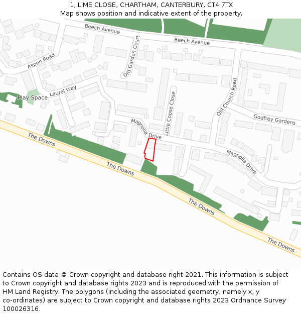 1, LIME CLOSE, CHARTHAM, CANTERBURY, CT4 7TX: Location map and indicative extent of plot