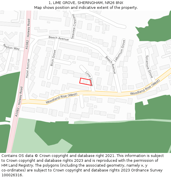 1, LIME GROVE, SHERINGHAM, NR26 8NX: Location map and indicative extent of plot