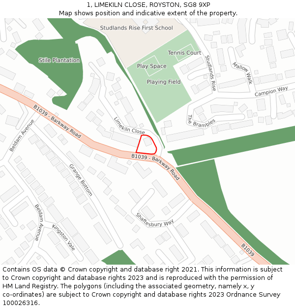 1, LIMEKILN CLOSE, ROYSTON, SG8 9XP: Location map and indicative extent of plot