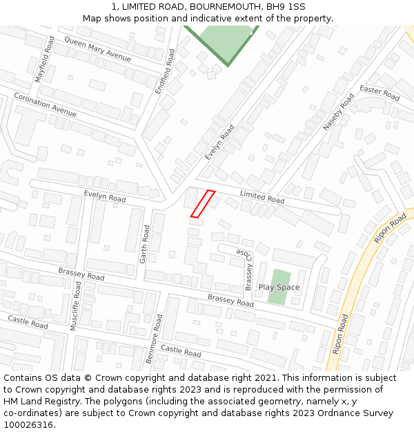 1, LIMITED ROAD, BOURNEMOUTH, BH9 1SS: Location map and indicative extent of plot