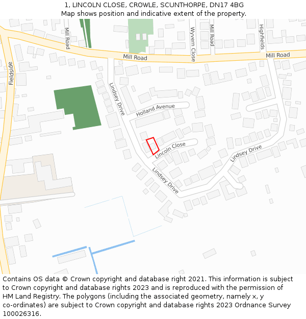 1, LINCOLN CLOSE, CROWLE, SCUNTHORPE, DN17 4BG: Location map and indicative extent of plot