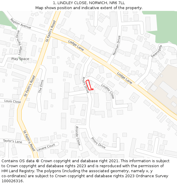 1, LINDLEY CLOSE, NORWICH, NR6 7LL: Location map and indicative extent of plot