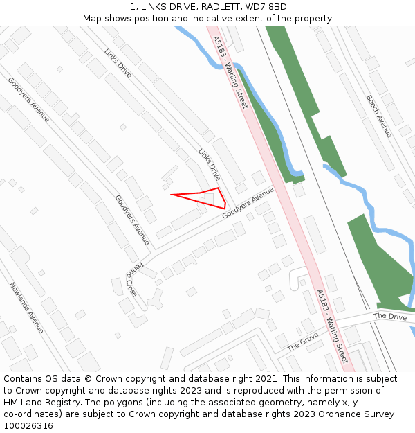 1, LINKS DRIVE, RADLETT, WD7 8BD: Location map and indicative extent of plot