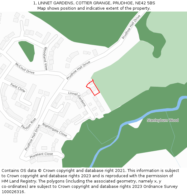 1, LINNET GARDENS, COTTIER GRANGE, PRUDHOE, NE42 5BS: Location map and indicative extent of plot