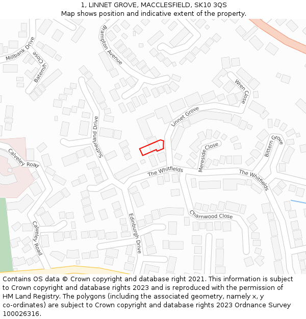 1, LINNET GROVE, MACCLESFIELD, SK10 3QS: Location map and indicative extent of plot