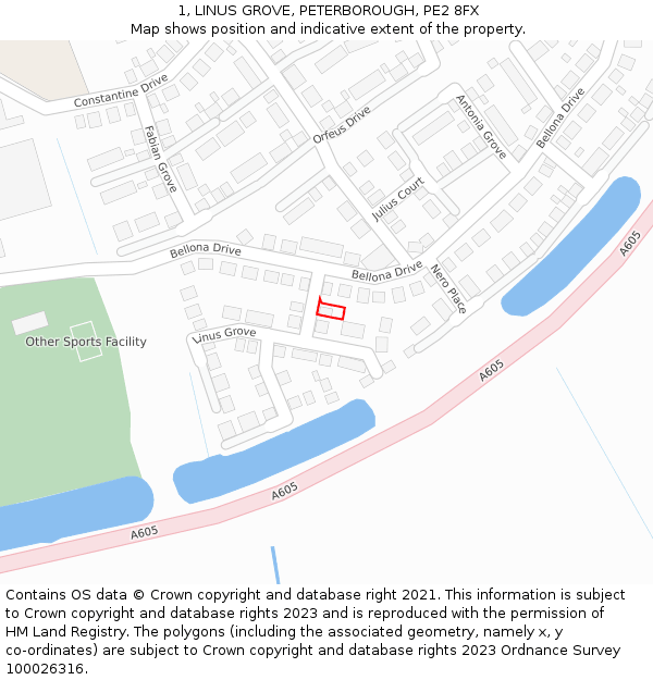 1, LINUS GROVE, PETERBOROUGH, PE2 8FX: Location map and indicative extent of plot
