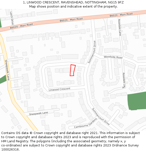 1, LINWOOD CRESCENT, RAVENSHEAD, NOTTINGHAM, NG15 9FZ: Location map and indicative extent of plot