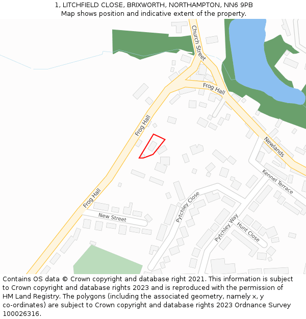 1, LITCHFIELD CLOSE, BRIXWORTH, NORTHAMPTON, NN6 9PB: Location map and indicative extent of plot
