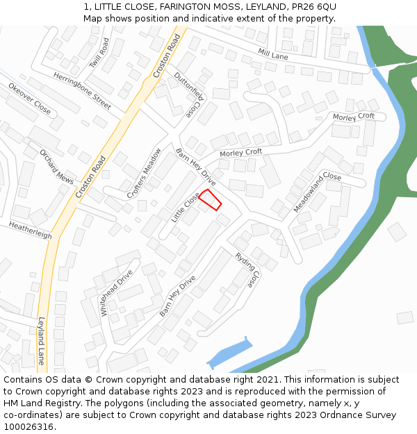 1, LITTLE CLOSE, FARINGTON MOSS, LEYLAND, PR26 6QU: Location map and indicative extent of plot