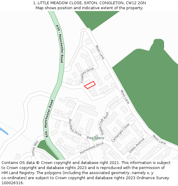 1, LITTLE MEADOW CLOSE, EATON, CONGLETON, CW12 2GN: Location map and indicative extent of plot