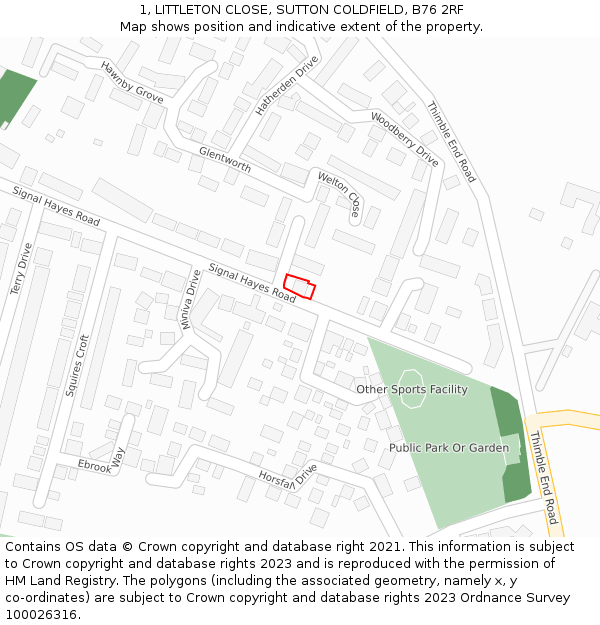1, LITTLETON CLOSE, SUTTON COLDFIELD, B76 2RF: Location map and indicative extent of plot