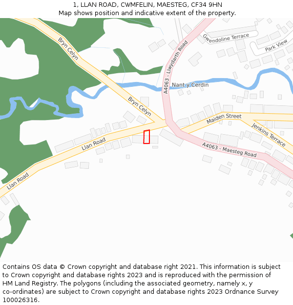 1, LLAN ROAD, CWMFELIN, MAESTEG, CF34 9HN: Location map and indicative extent of plot