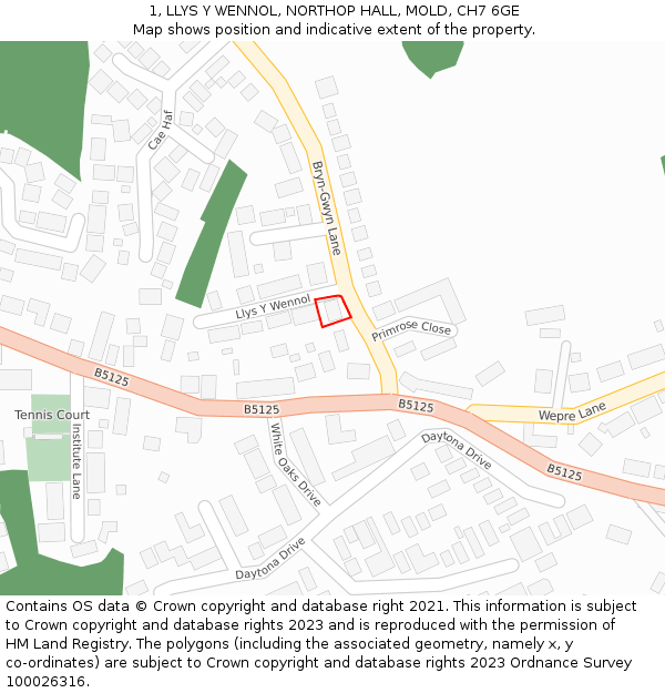1, LLYS Y WENNOL, NORTHOP HALL, MOLD, CH7 6GE: Location map and indicative extent of plot