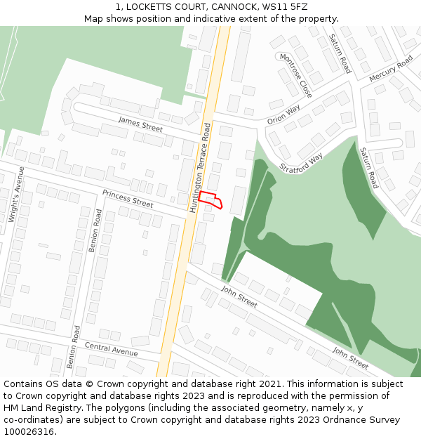 1, LOCKETTS COURT, CANNOCK, WS11 5FZ: Location map and indicative extent of plot