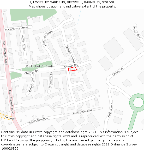 1, LOCKSLEY GARDENS, BIRDWELL, BARNSLEY, S70 5SU: Location map and indicative extent of plot