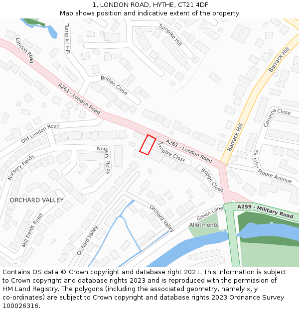 1, LONDON ROAD, HYTHE, CT21 4DF: Location map and indicative extent of plot