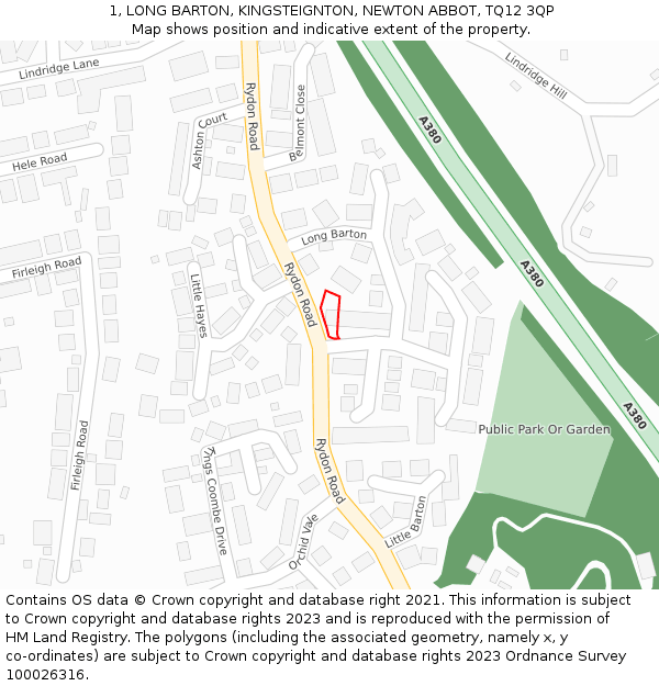1, LONG BARTON, KINGSTEIGNTON, NEWTON ABBOT, TQ12 3QP: Location map and indicative extent of plot