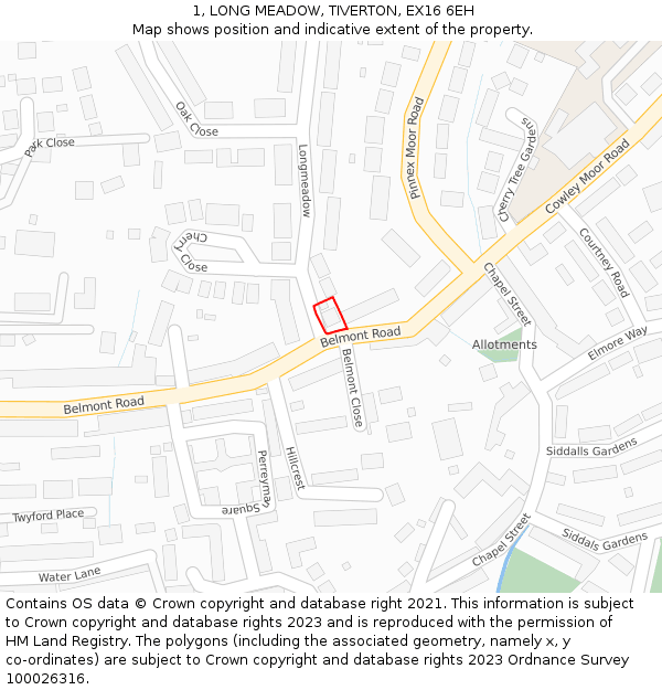 1, LONG MEADOW, TIVERTON, EX16 6EH: Location map and indicative extent of plot